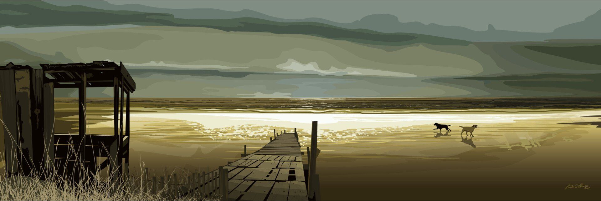 A painting of two dogs walking on a beach next to a dock.