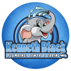 Logo for Kenneth Black Plumbing featuring a cartoon elephant spraying water and company phone number.