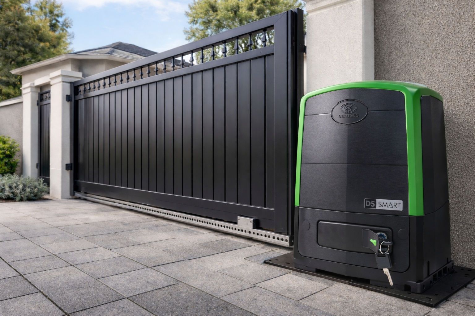 Black sliding driveway gate with a green-and-black gate opener on a paved entrance — KLS Fencing In Cooktown, QLD