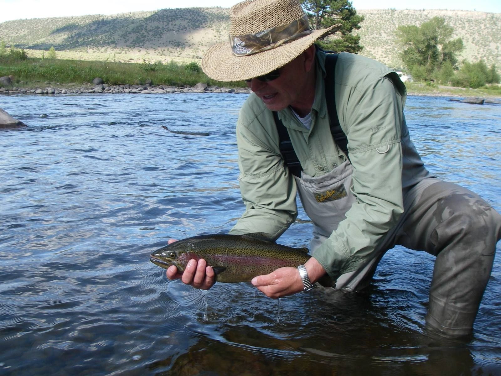 A man in a straw hat is kneeling in the water holding a fish
