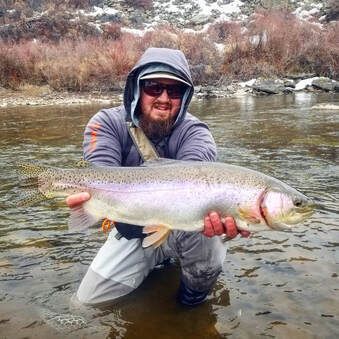 A man is kneeling in the water holding a large rainbow trout.