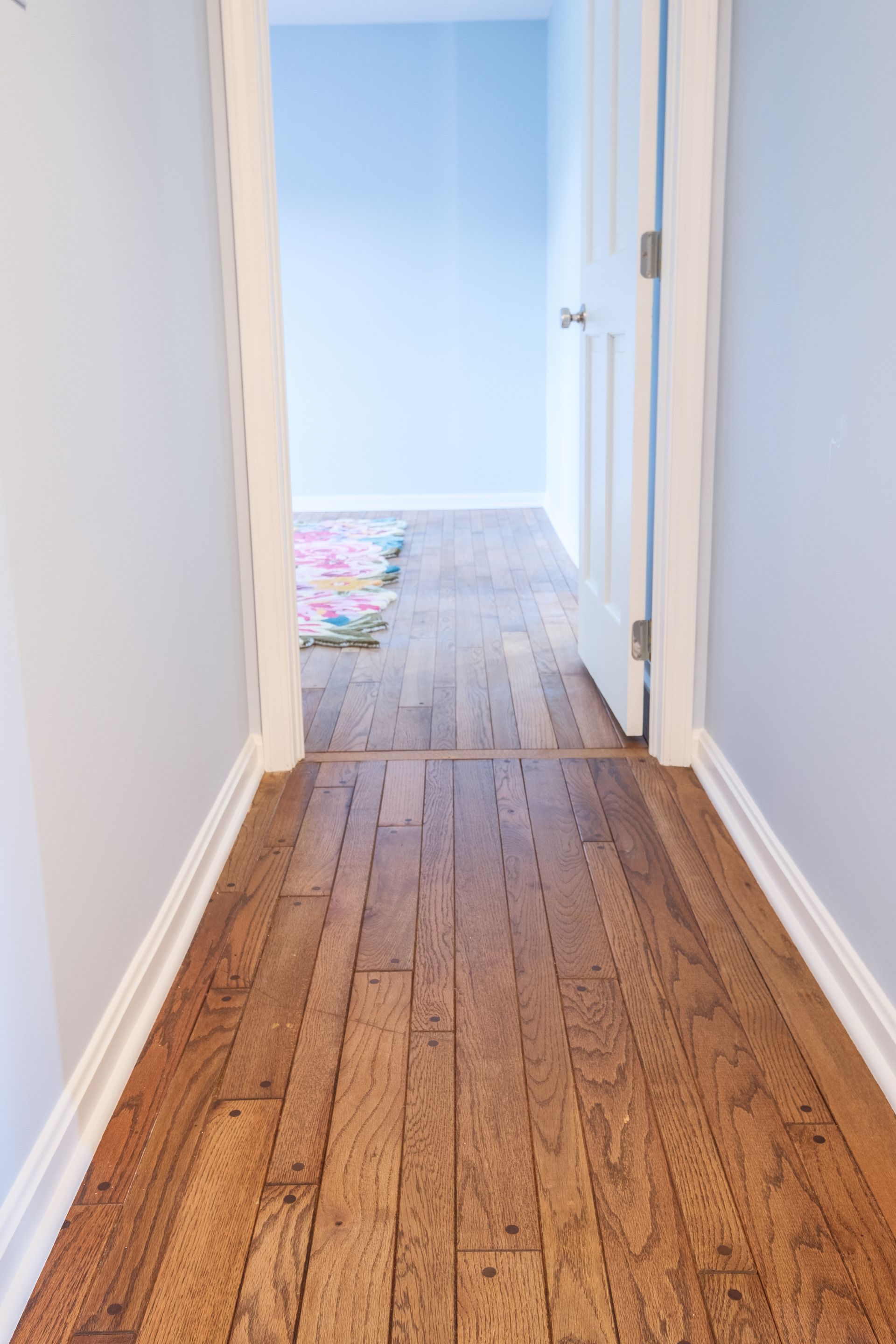 Hallway with wooden floor leading to a blue room with an open door and a colorful rug.