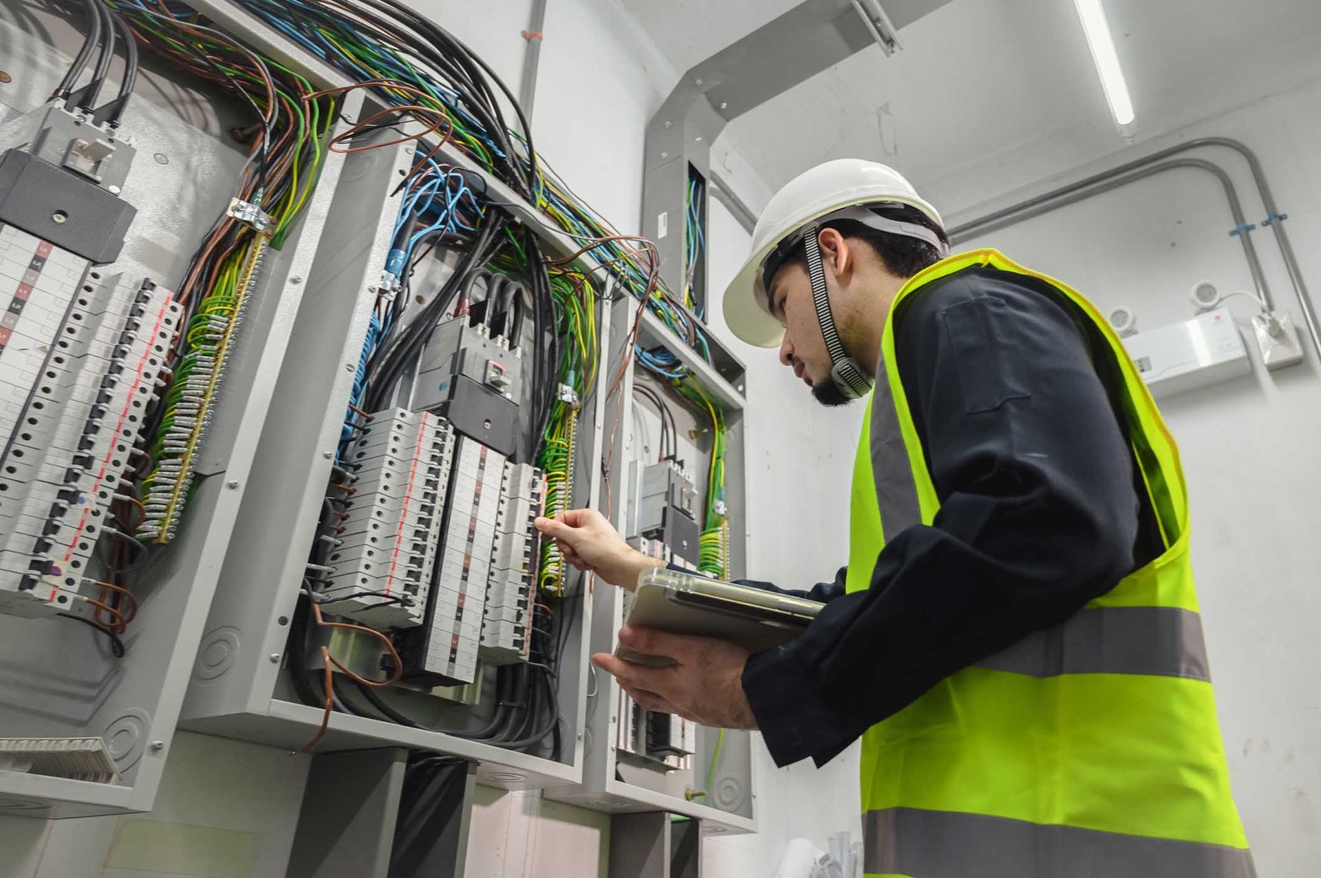 Electrician Inspecting Panel of Industrial Warehouse — Waconia, MN — Larkin Electric