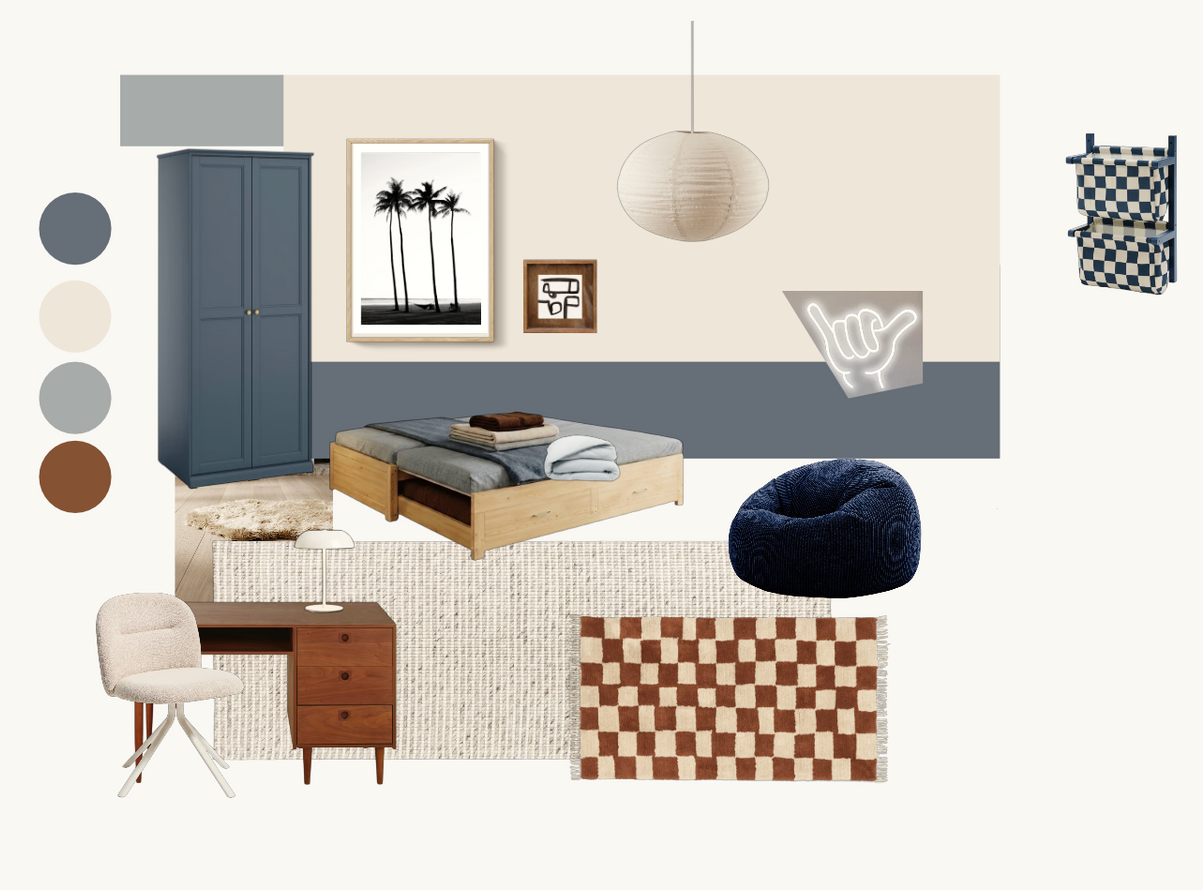 Mood board for a blue and terracotta child's bedroom, family home in Anglet