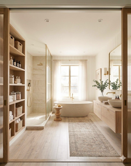 Salle de bain en bois clair avec baignoire îlot, étagères en niche et lumière naturelle