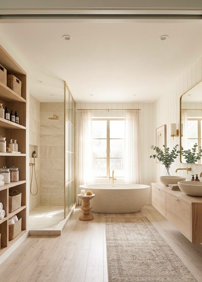 Light wood bathroom with a freestanding bath, designed remotely by M La Déco