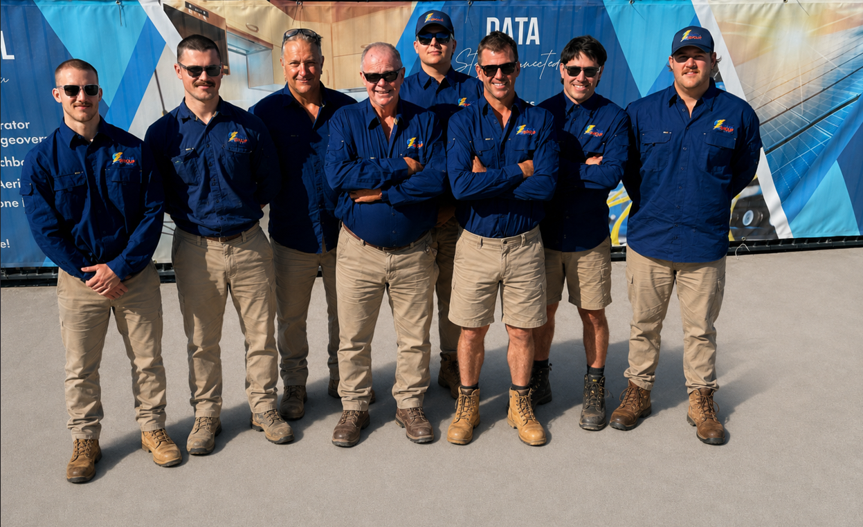 Six people in blue jackets and tan pants standing together outdoors in front of a blue event backdrop — LSEA Electrical Group in Bucasia, QLD
