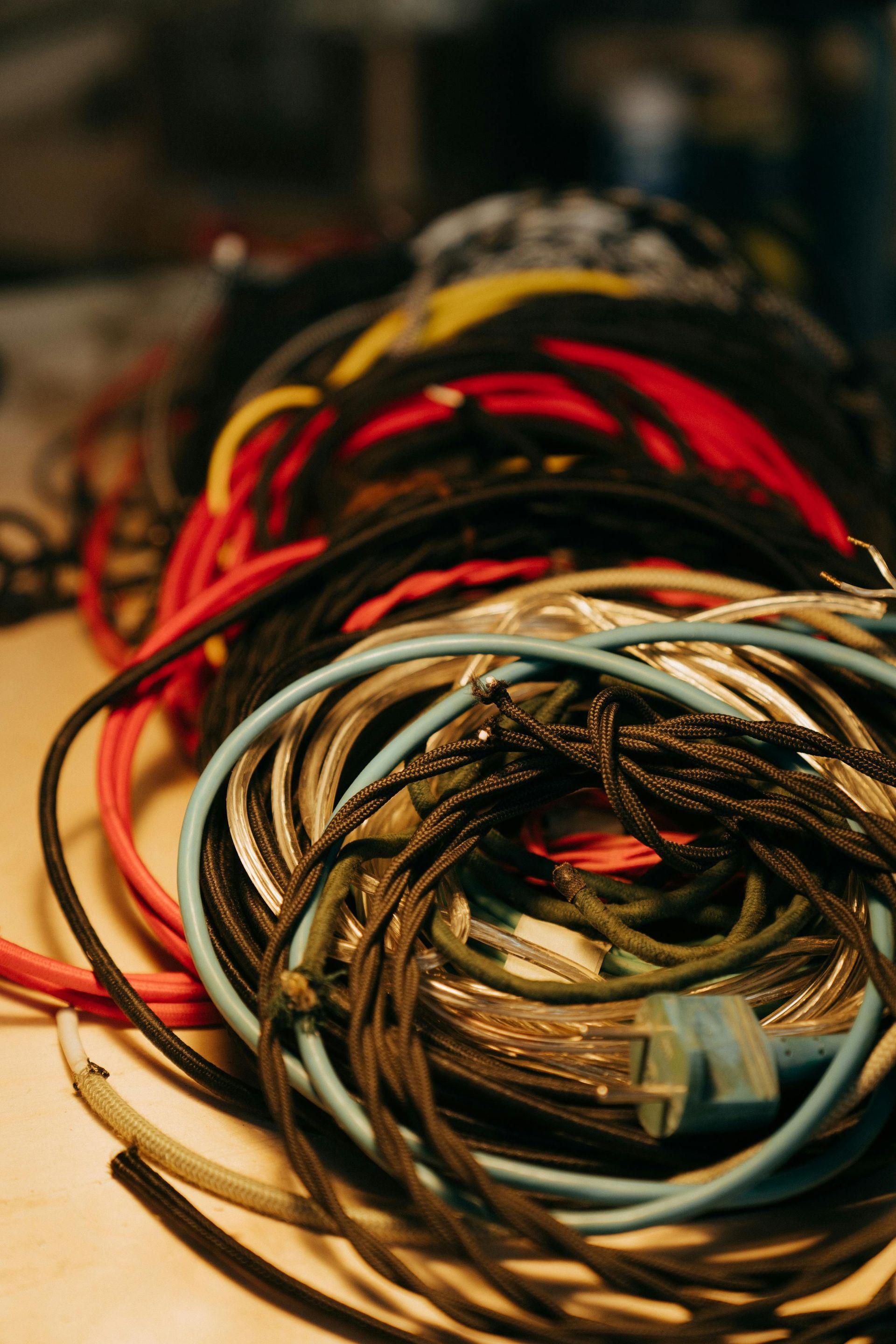 Tangled Collection Of Colourful Electrical Wires, Including Red, Black, And Blue, In A Dim Setting — LSEA Electrical Group in Bucasia, QLD
