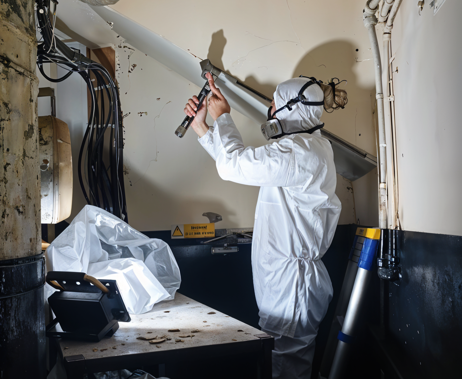 Technician in protective gear conducting asbestos air quality test in an office.