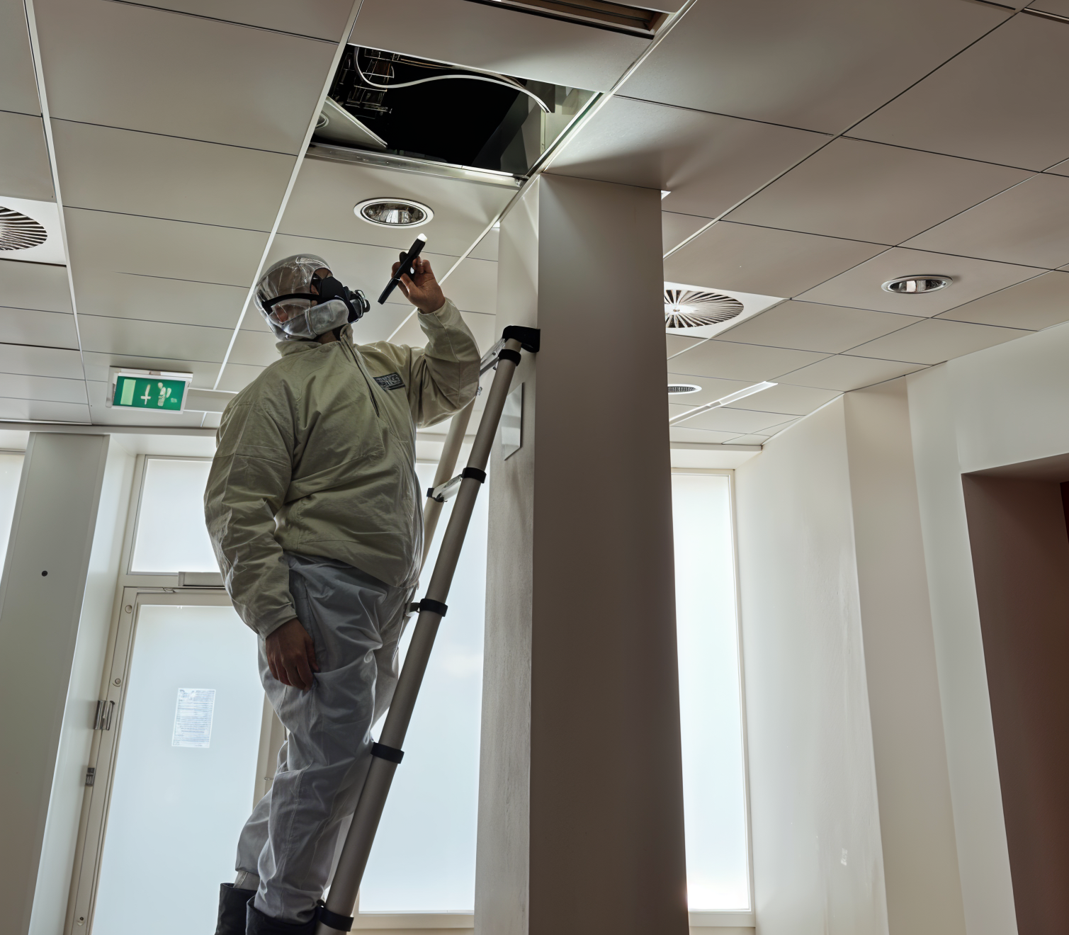 Certified asbestos testing expert using specialized equipment in an industrial building