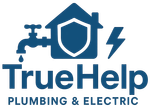 TrueHelp Plumbing & Electric logo with blue house, faucet, shield, and lightning bolt