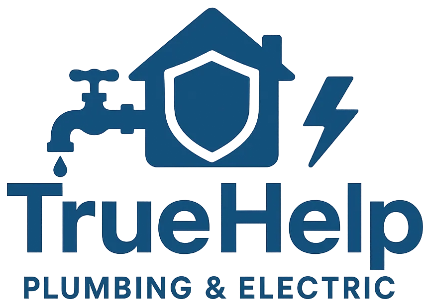 TrueHelp Plumbing & Electric logo with blue house, faucet, shield, and lightning bolt