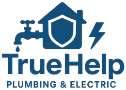 TrueHelp Plumbing & Electric logo with blue house, faucet, shield, and lightning bolt