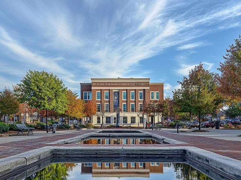 A brick building with a columned entrance sits at the end of a plaza featuring a series of rectangular reflecting pools.