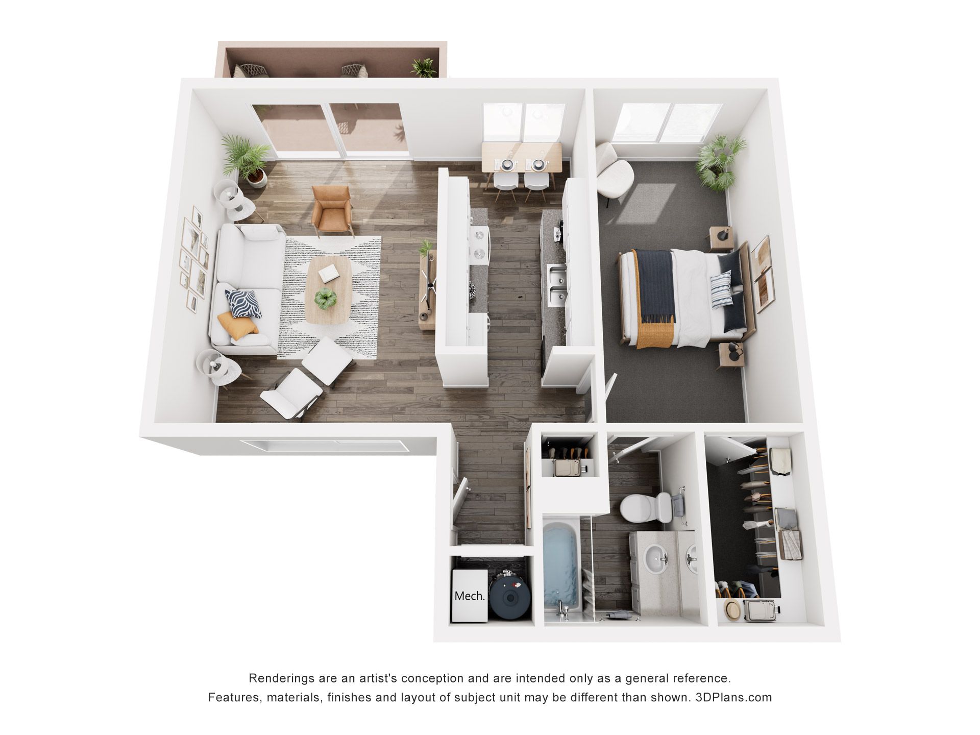 Floor plan of a one-bedroom apartment with living room, kitchen, bedroom, bathroom, and patio.
