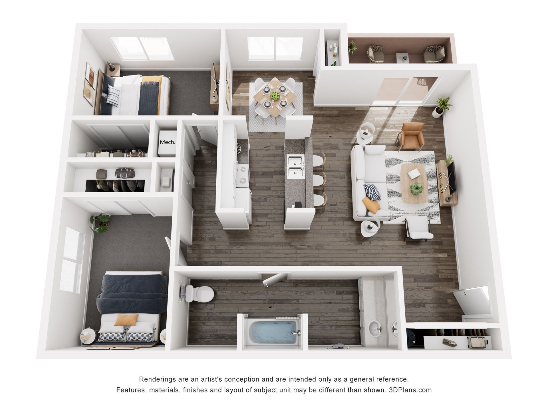 Floor plan of a two-bedroom apartment with a kitchen, dining area, and living room.
