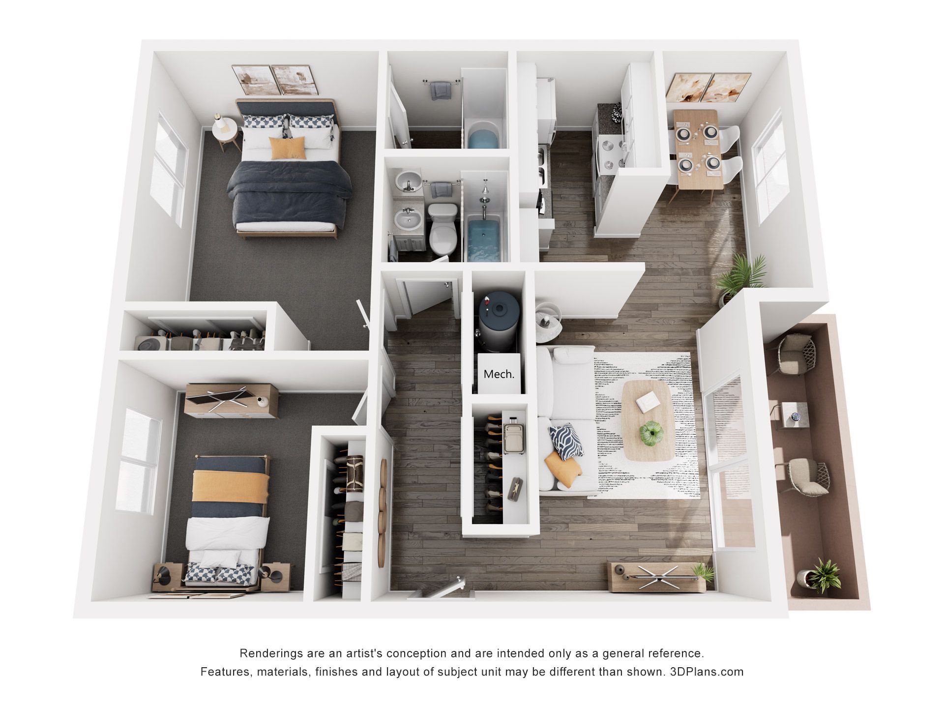 Floor plan of a two-bedroom apartment with living room, dining area, and two bathrooms.
