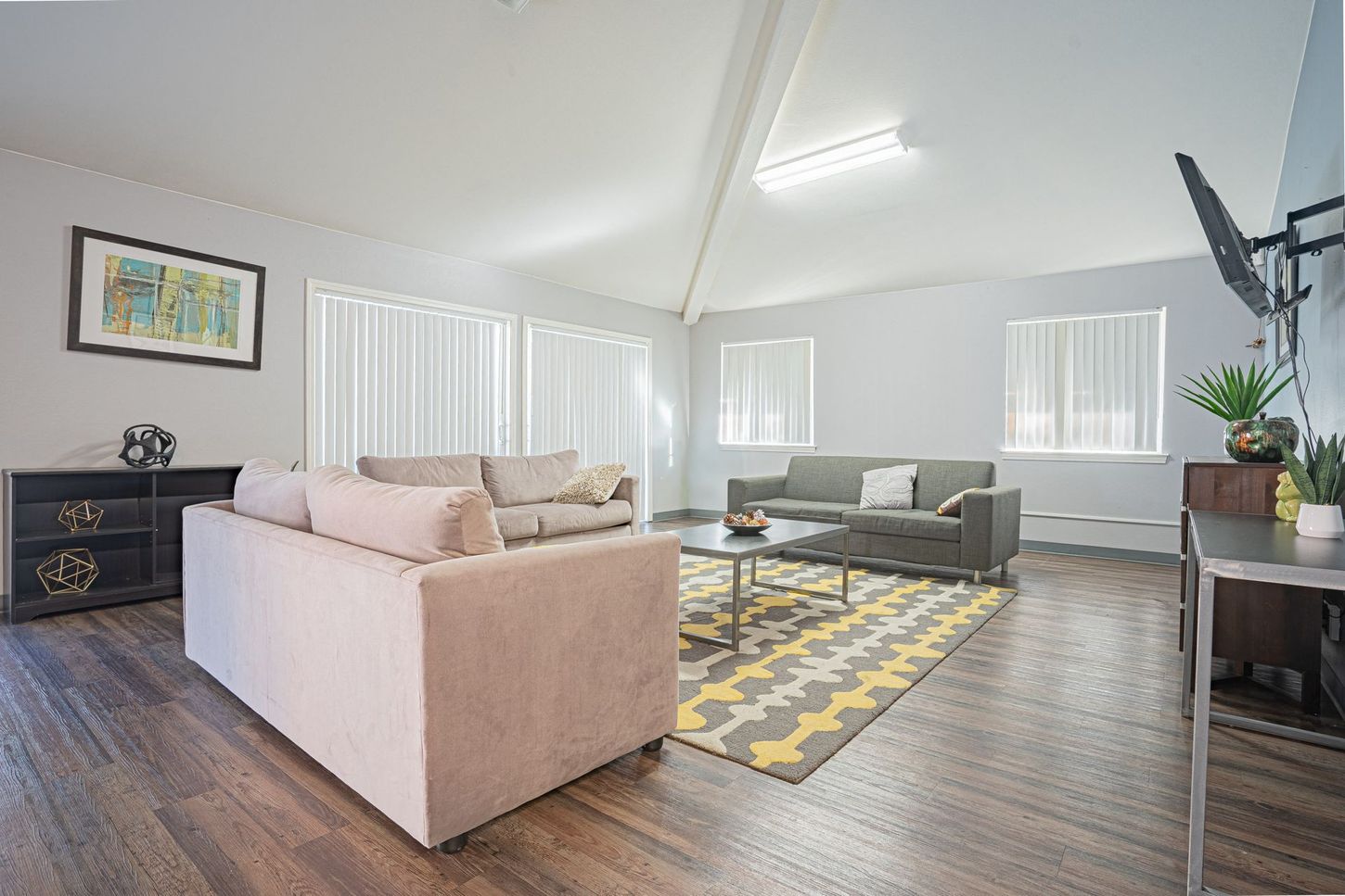 Spacious living room with sofas, a rug, windows, and dark wood-look flooring.