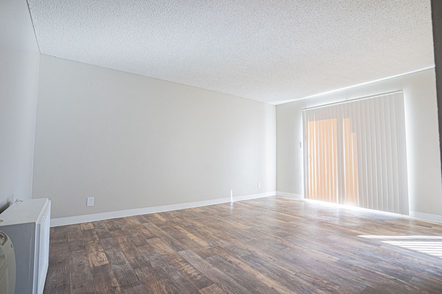 Empty room with wood-look flooring, white walls, and sliding glass door with vertical blinds.