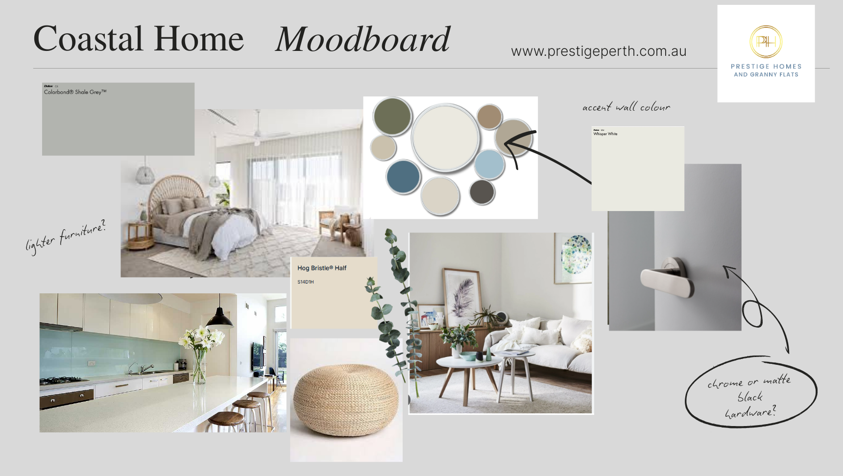 Coastal home interior design moodboard featuring a color palette of soft neutrals, blues, and greens, with home photos.