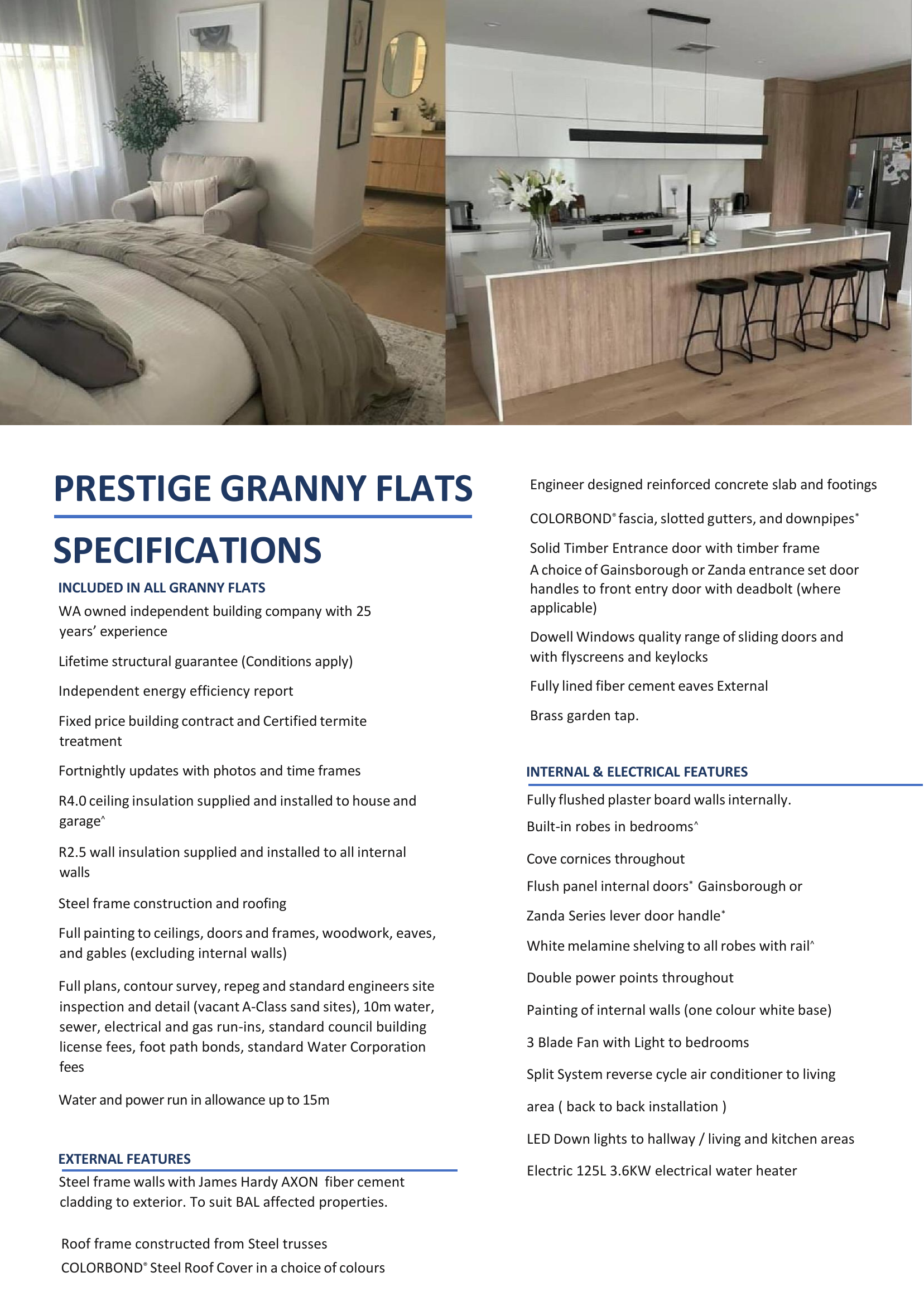 A flyer for Prestige Granny Flats showing a exterior garage view, a patio, and a list of structural specifications.