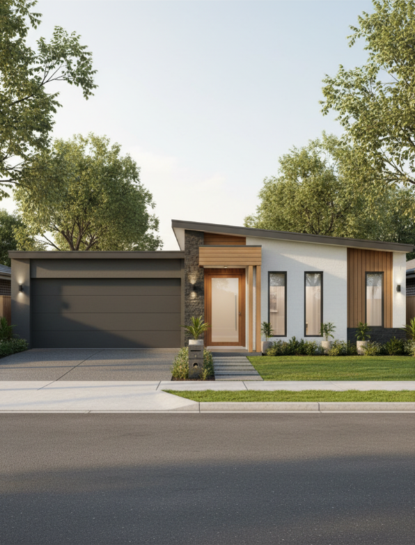 A grey, single-story house with a flat roof, a glass sliding door, and windows, set in a yard with trees and bushes.