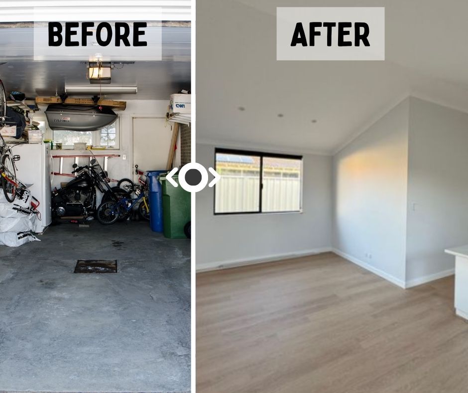 A split-screen comparison showing a cluttered garage before renovation and the same space transformed into a clean room.