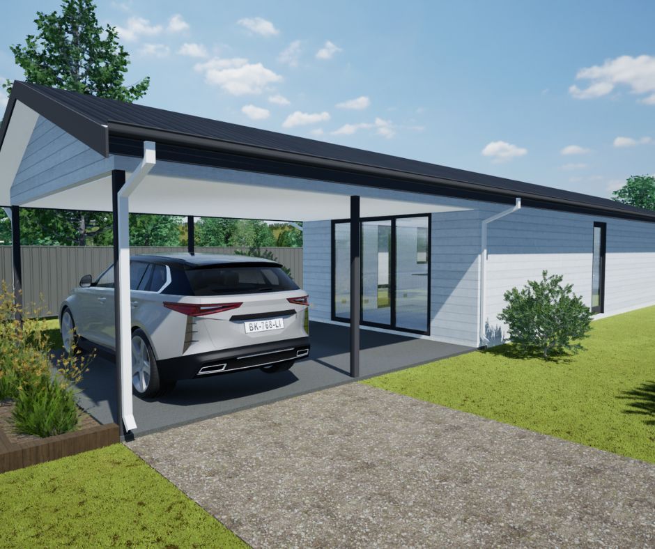A white, modern house with an attached carport covering a silver SUV on a paved driveway, set against a grassy yard.