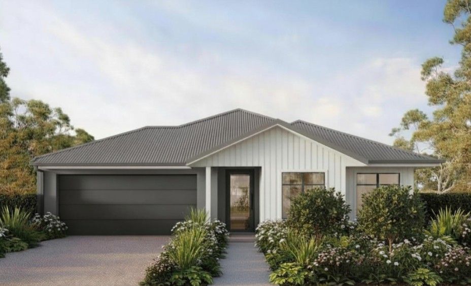 A modern, single-story house with a white vertical-paneled facade, dark gray roof, and a double garage.