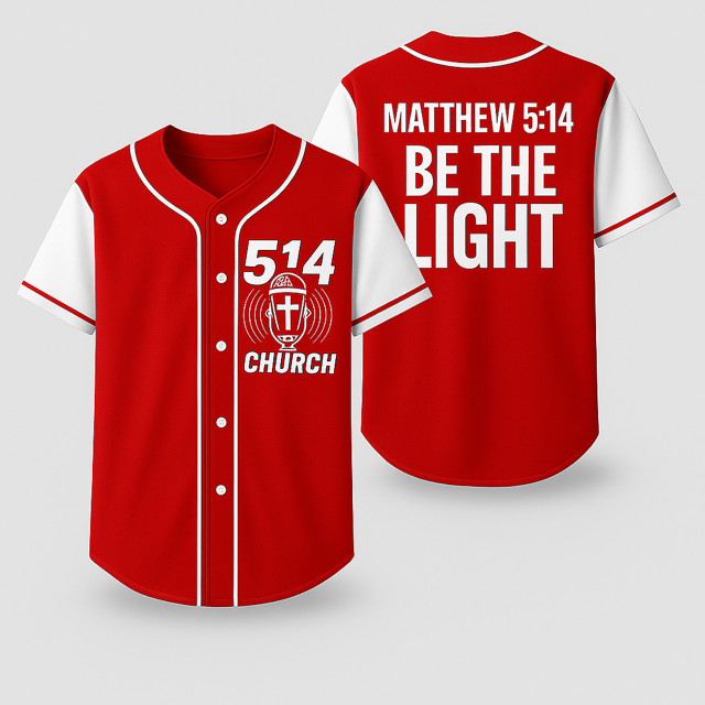Red baseball jersey with white sleeves and text 