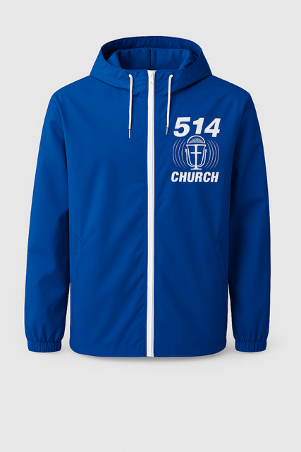Blue jacket with white zipper and hood. 