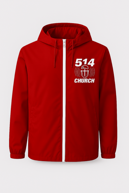 Red hooded jacket with white 