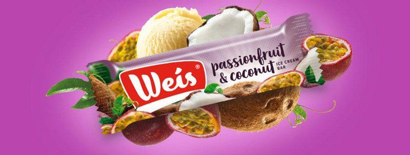 A weis bar with passion fruit and coconut on a purple background.