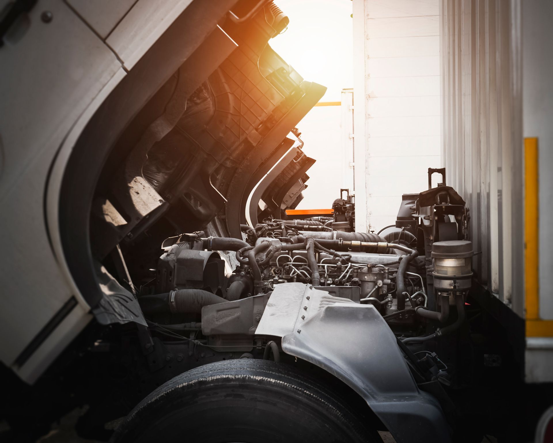 Truck engine with the hood open, viewed from below with bright sunlight.