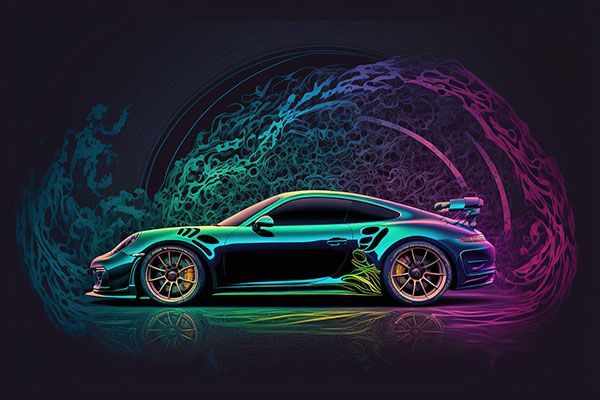Neon-lit sports car in side view with blue, purple, and pink light trails on a dark background | Jeff's Automotive, Inc