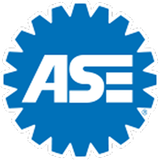 Blue ASE logo inside a gear-shaped emblem with white letters | Jeff's Automotive, Inc