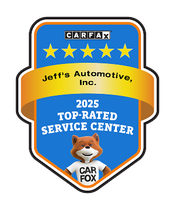 CARFAX shield badge for Jeff's Automotive, Inc., 2025 Top-Rated Service Center, with Car Fox mascot | Jeff's Automotive, Inc