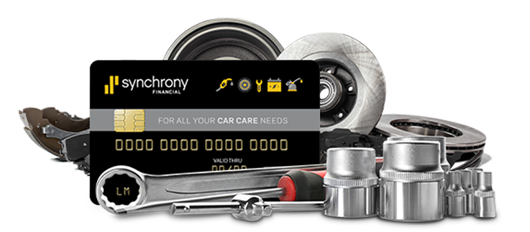 Synchrony branded credit card with car parts and tools, suggesting auto financing or repair payments | Jeff's Automotive, Inc