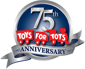 75th Toys for Tots anniversary logo with silver and red ribbon, 1947–2022, on a blue background | Jeff's Automotive, Inc