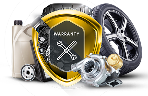 Warranty shield with crossed tools, surrounded by car parts like tires, oil bottle, and turbocharger. | Jeff's Automotive, Inc