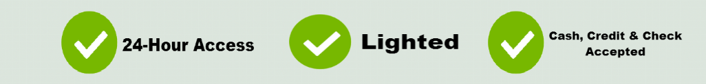 Three green checkmark icons indicating 24-hour access, lighted facilities, and credit cards accepted.