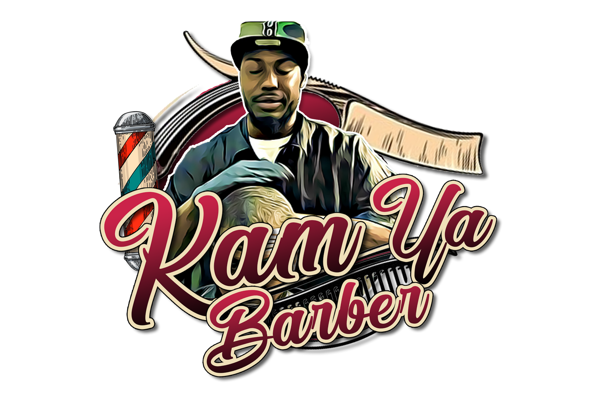 Logo for Kam Ya Barber featuring a barber holding a client's head, barber pole and text overlay.