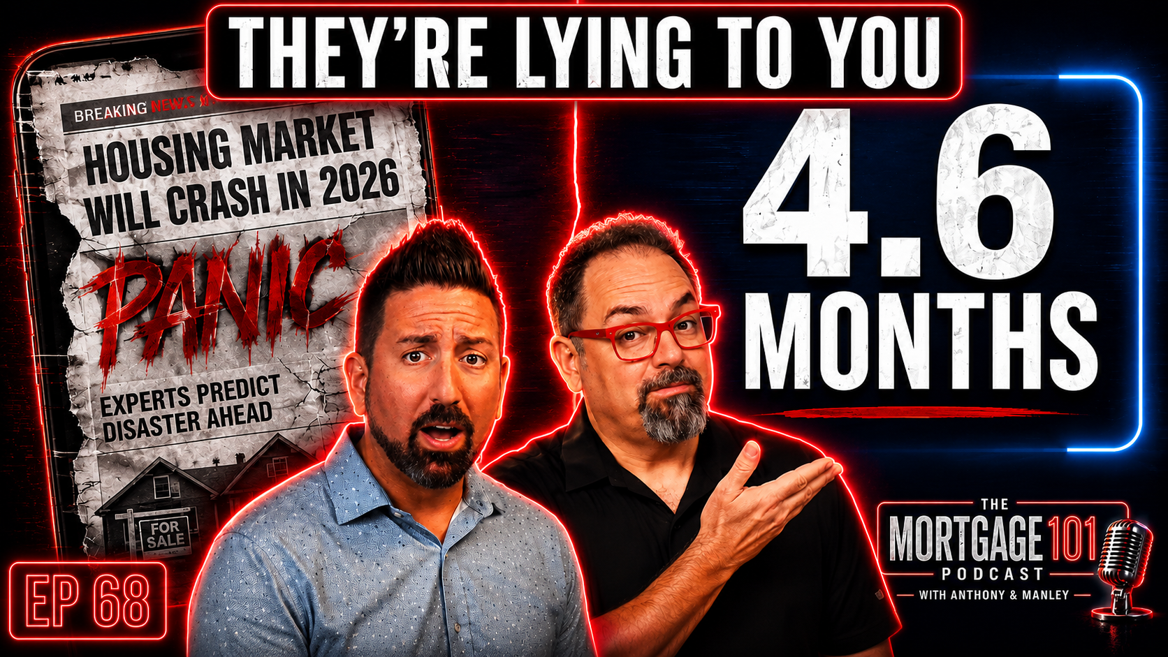 YouTube thumbnail with two men, bold “THEY’RE LYING TO YOU,” “4.6 MONTHS,” and mortgage crash text.
