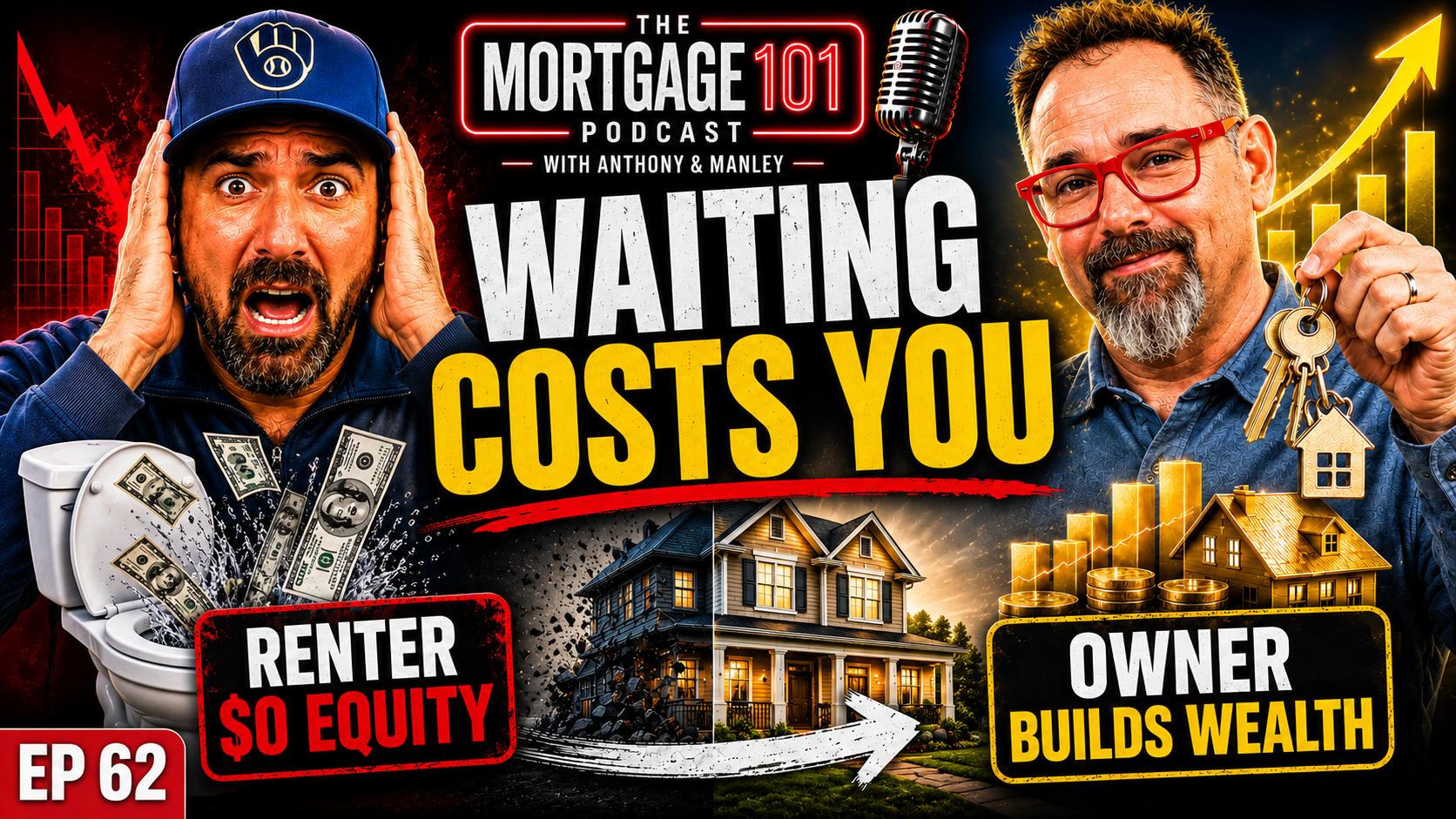 Mortgage 101 podcast thumbnail: two men with bold text “Waiting costs you,” renter vs owner wealth arrows.