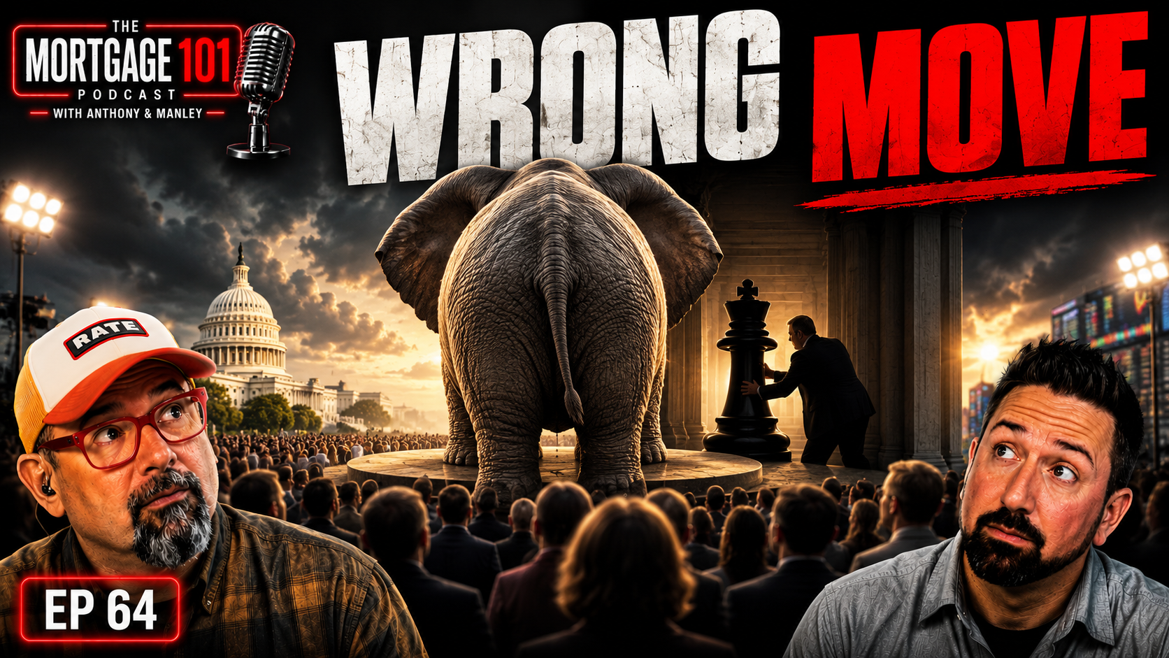 Podcast-style thumbnail with elephant amid crowd, “WRONG MOVE” text, and two men’s faces on red background