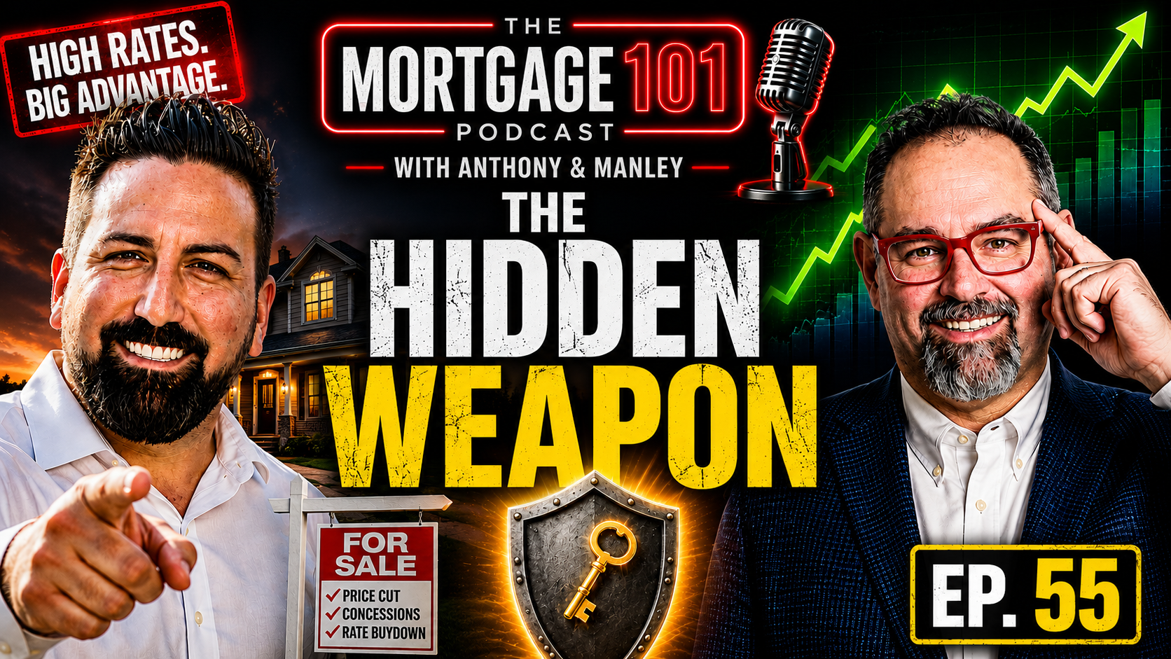 Mortgage 101 podcast cover with two hosts, “The Hidden Weapon,” rising chart, house icon, and Episode 55 text