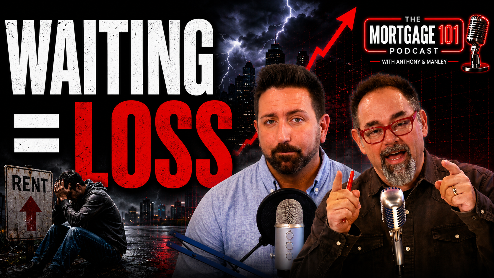Podcast thumbnail with “WAITING = LOSS,” two men at microphones, and a rising red arrow on a dark background