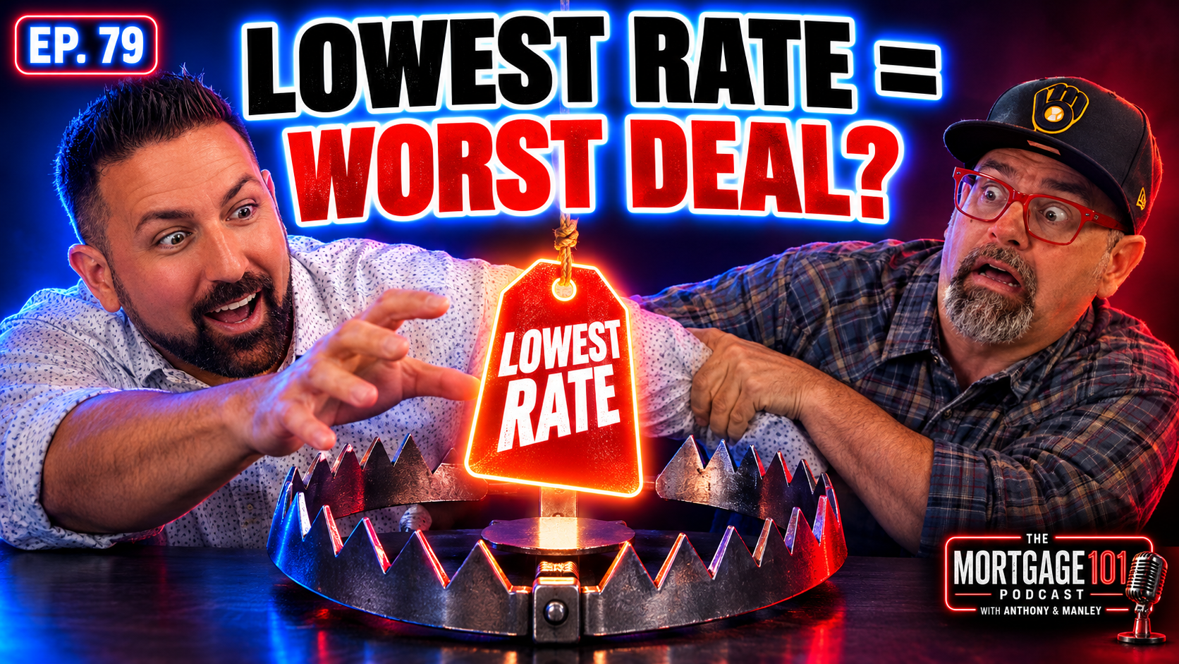 Two men at a table with a glowing “Lowest Rate” sign, bold text reading “Lowest Rate = Worst Deal?”
