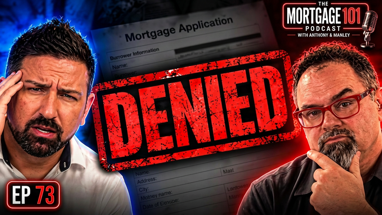 YouTube-style thumbnail with two men and a bold red “DENIED” stamp over a mortgage application