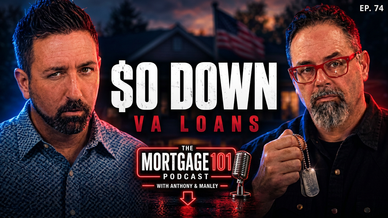 Podcast thumbnail with two men and bold text “$0 DOWN VA LOANS” and “Mortgage 101” on a dark red background